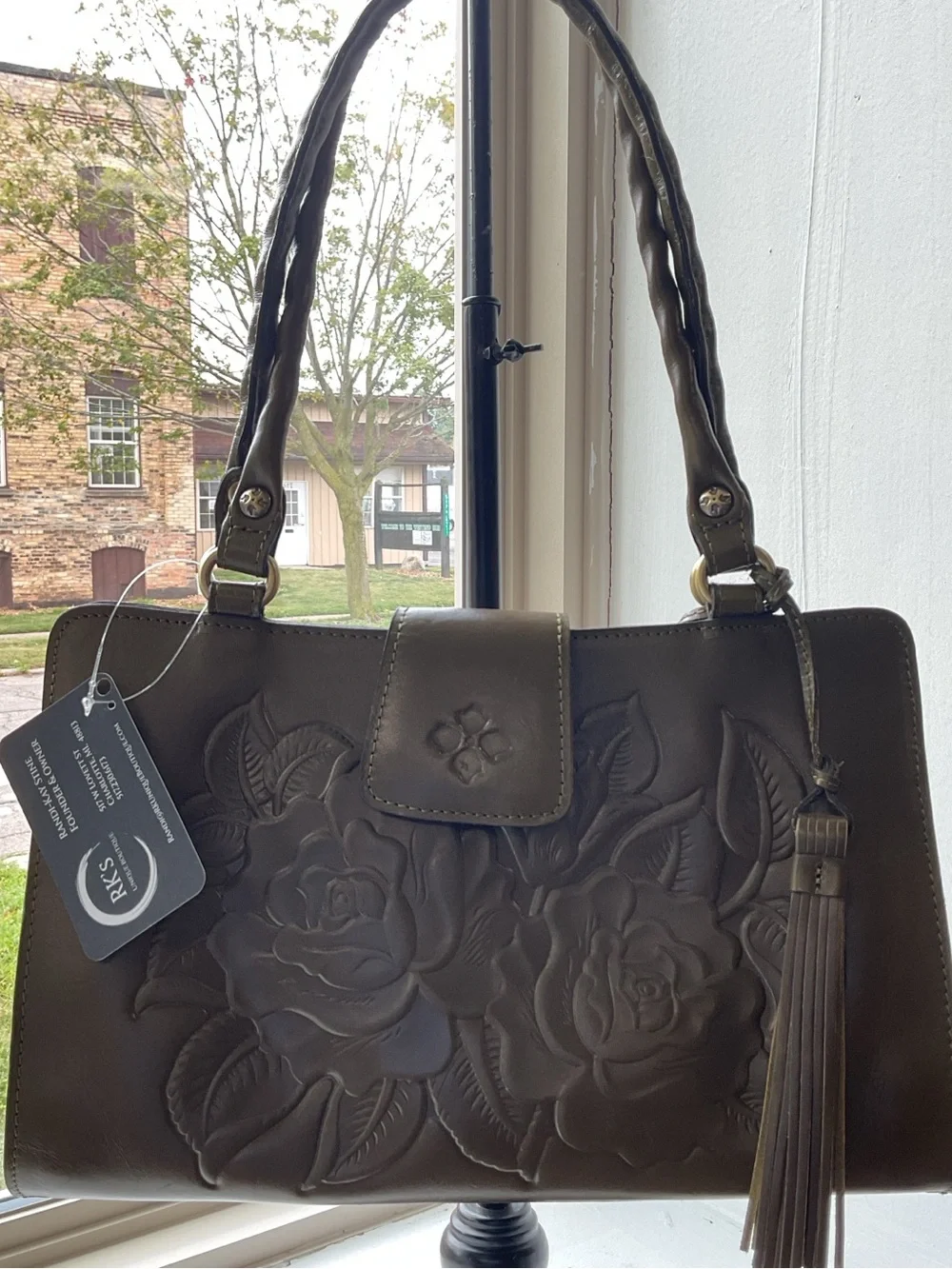 Women's Olive Embossed Floral Tote Bag with Tassel